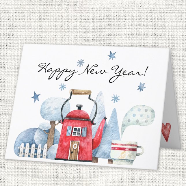 Whimsical Teapot House Happy New Year Holiday Card (Creator Uploaded)