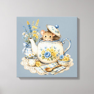 Whimsical Teapot Mouse Cottagecore Blooms Canvas Print