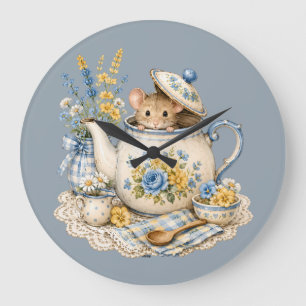 Whimsical Teapot Mouse Cottagecore Blooms Large Clock