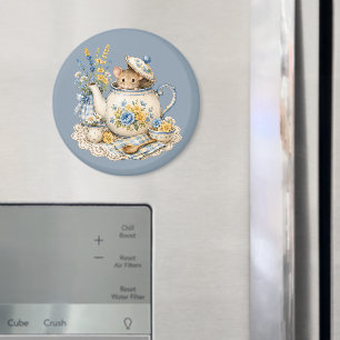 Whimsical Teapot Mouse Cottagecore Blooms Magnet