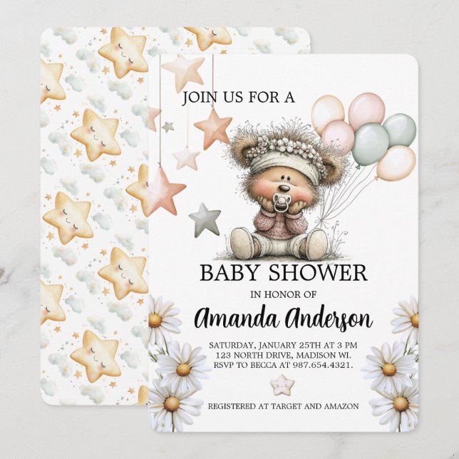 Whimsical Teddy Bear Baby Shower Invitation (Front/Back)