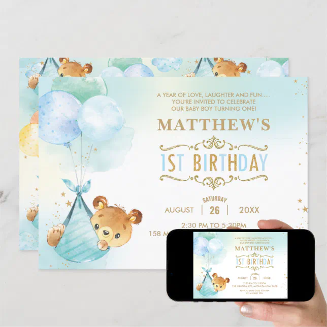 Whimsical Teddy Bear Balloons 1st Birthday Party Invitation | Zazzle