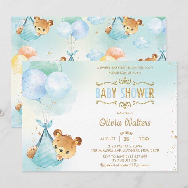 Whimsical Teddy Bear Balloons Baby Shower Boy Invitation (Front/Back)