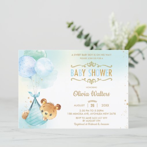 Whimsical Teddy Bear Balloons Baby Shower Boy Invitation | Zazzle