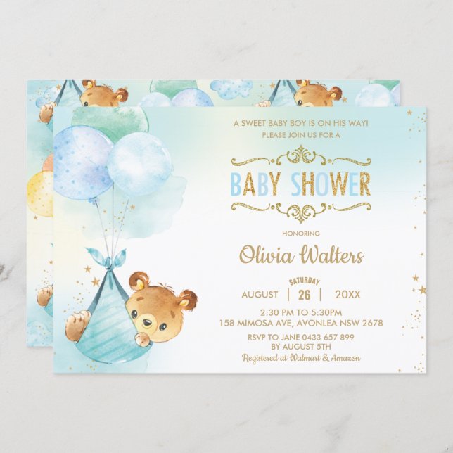 Whimsical Teddy Bear Balloons Baby Shower Boy Invitation (Front/Back)