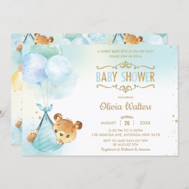Whimsical Teddy Bear Balloons Baby Shower Boy Invitation
