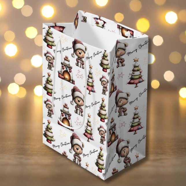 Whimsical Teddy Bear Christmas White Background Medium Gift Bag (Creator Uploaded)