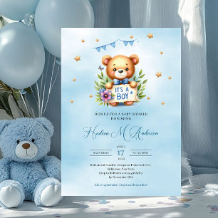 Whimsical teddy bear it's a boy baby shower invitation