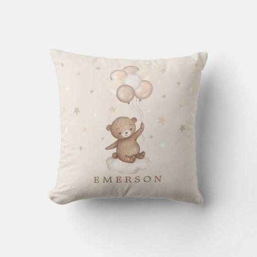 Whimsical Teddy Bear with Balloons Neutral Nursery Throw Pillow