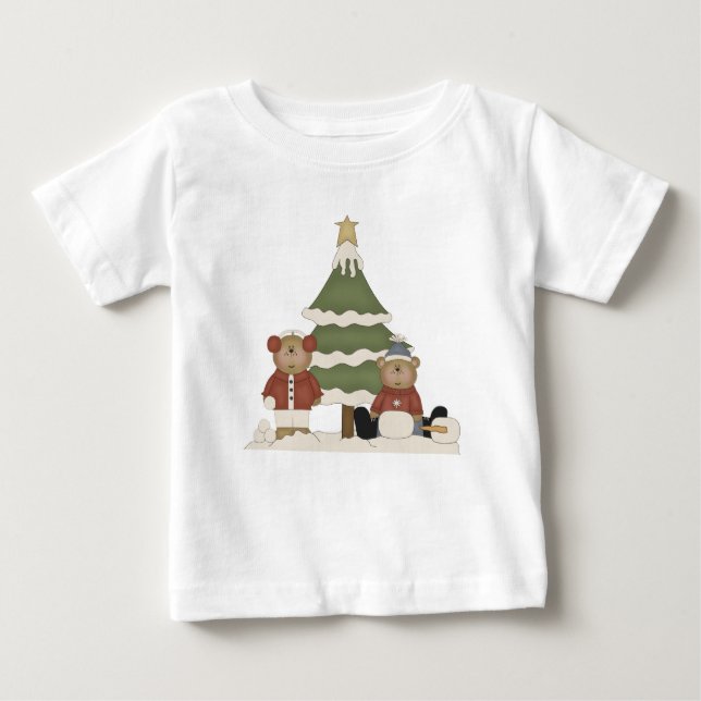 Whimsical Teddy Bears and Christmas Tree Baby T-Shirt (Front)