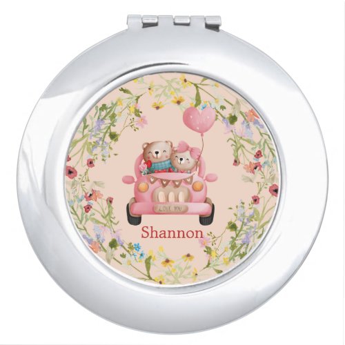 Whimsical Teddy Bears Pink Car Floral Wreath Compact Mirror