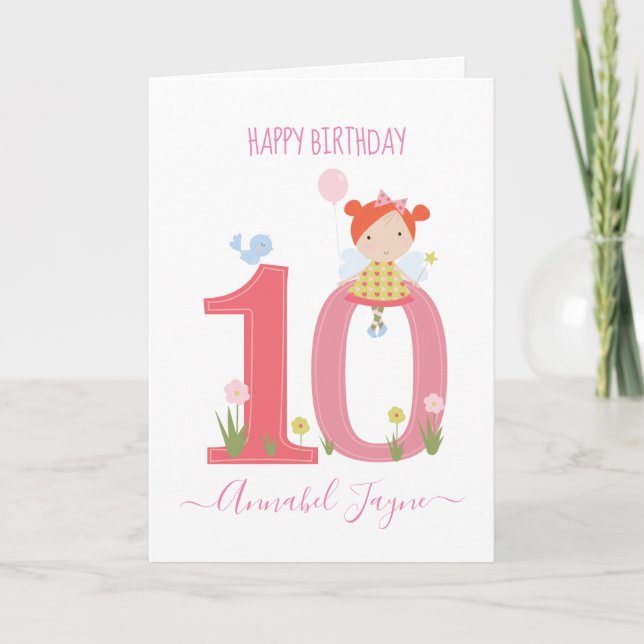 Whimsical Tenth birthday fairy cute pink  Card (Front)