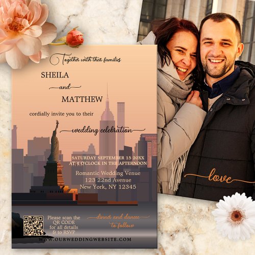 Whimsical Terra Cotta New York QR Photo Wedding Invitation