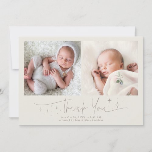Whimsical Thank You Script Greige Birth Announcement