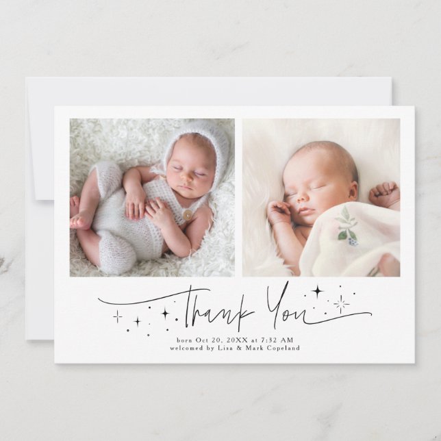 Whimsical Thank You Script White Birth Announcement (Front)