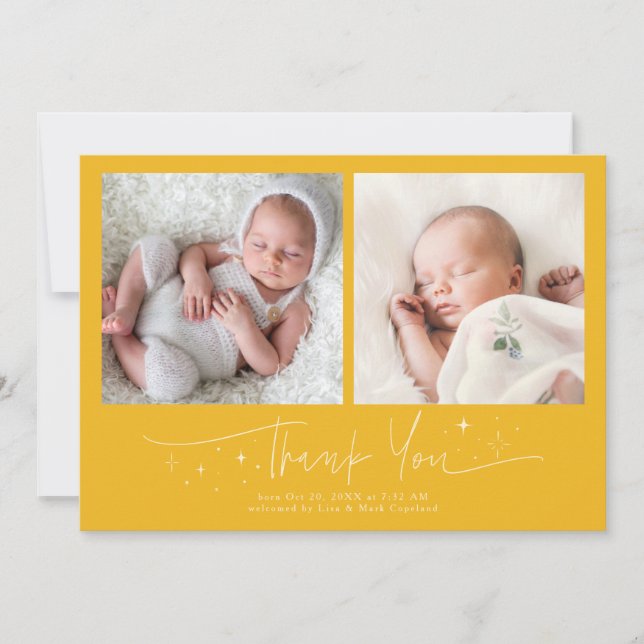 Whimsical Thank You Script Yellow Birth Announcement (Front)