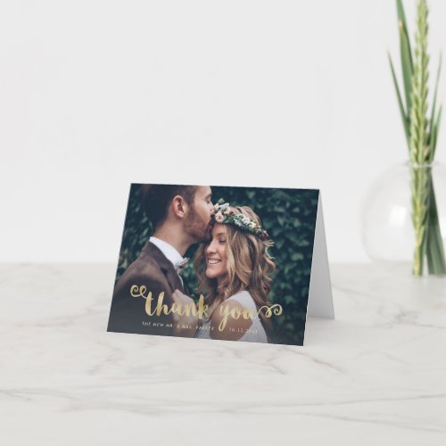 Whimsical Thanks  Wedding Photo and Gold Script Thank You Card