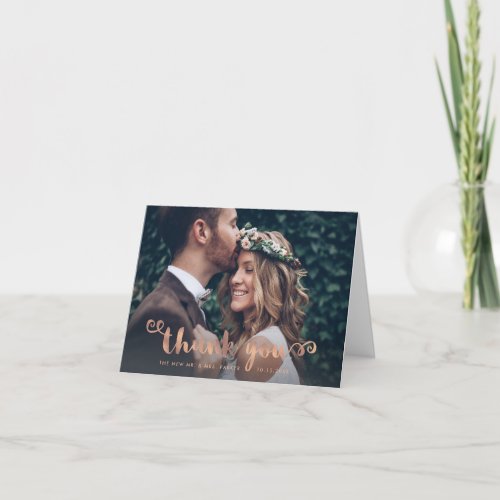 Whimsical Thanks  Wedding Photo Rose Gold Script Thank You Card