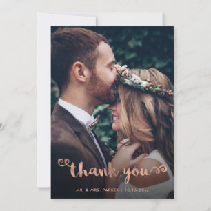 Whimsical Thanks   Wedding Photo Rose Gold Script Thank You Card