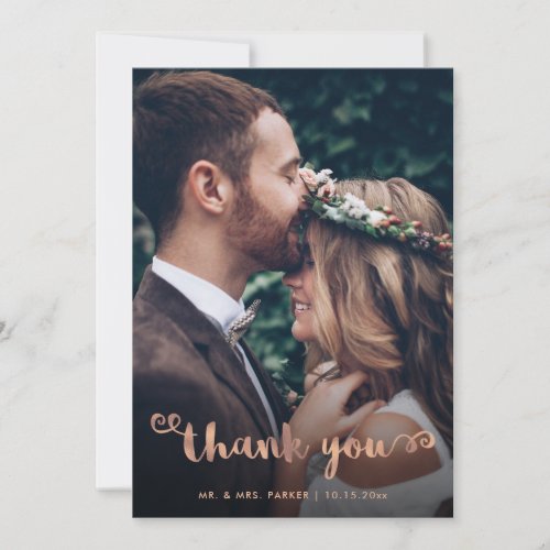 Whimsical Thanks  Wedding Photo Rose Gold Script Thank You Card