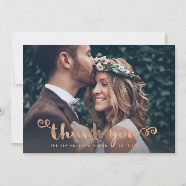 Whimsical Thanks | Wedding Photo Rose Gold Script Thank You Card (Front)