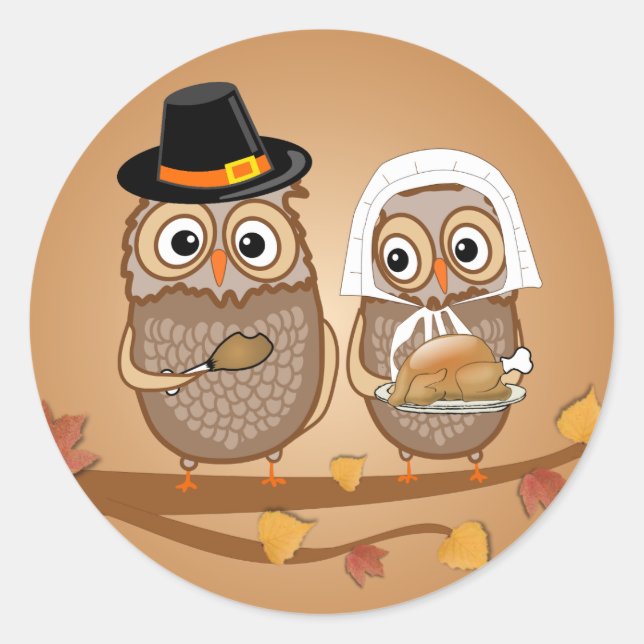 Whimsical Thanksgiving Owls Classic Round Sticker (Front)