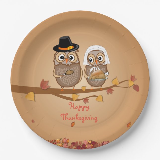 Whimsical Thanksgiving Owls Paper Plates (Front)