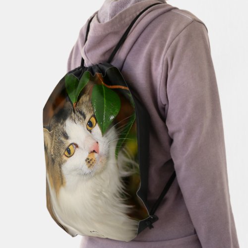 Whimsical The Cat and the Camellia Drawstring Bag