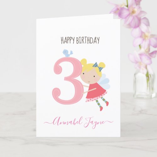 Whimsical Third birthday fairy girls cute pink Card