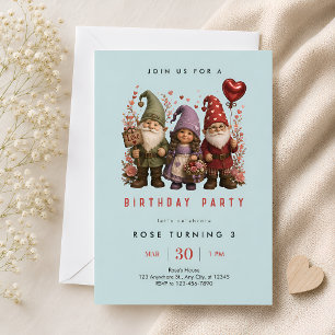 Whimsical Three Gnomes 3rd Birthday Party Invitation
