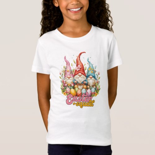 Whimsical three gnomes Easter squad coloring eggs T_Shirt