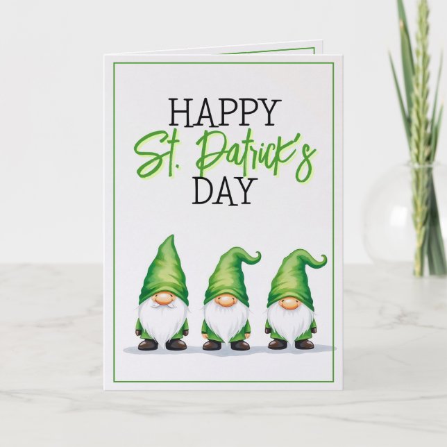 Whimsical Three Green Gnomes St Patrick's Day Card (Front)