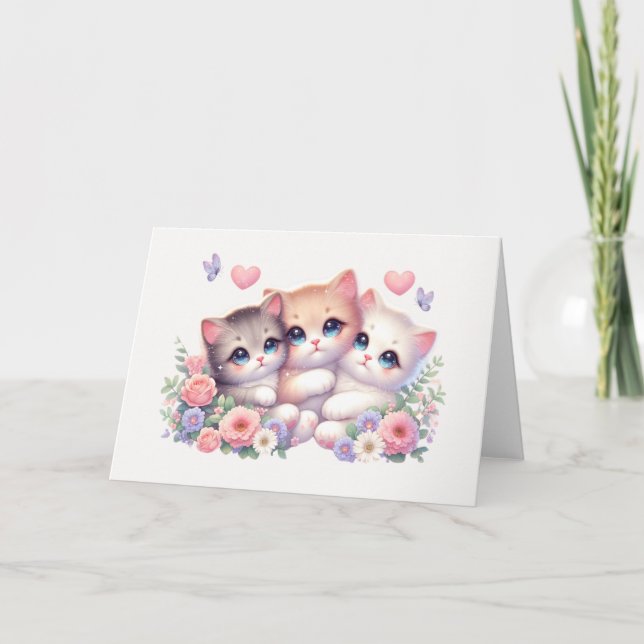 Whimsical Three-Kitten Pastel Floral Blank Card (Front)