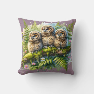 Whimsical Three Owls in Forest – Nature Art Throw Pillow