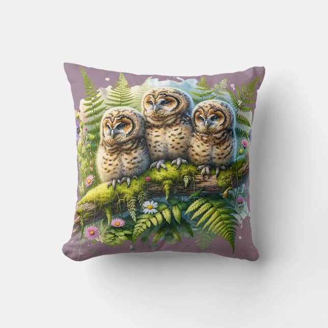 Whimsical Three Owls in Forest – Nature Art  Throw Pillow (Front)
