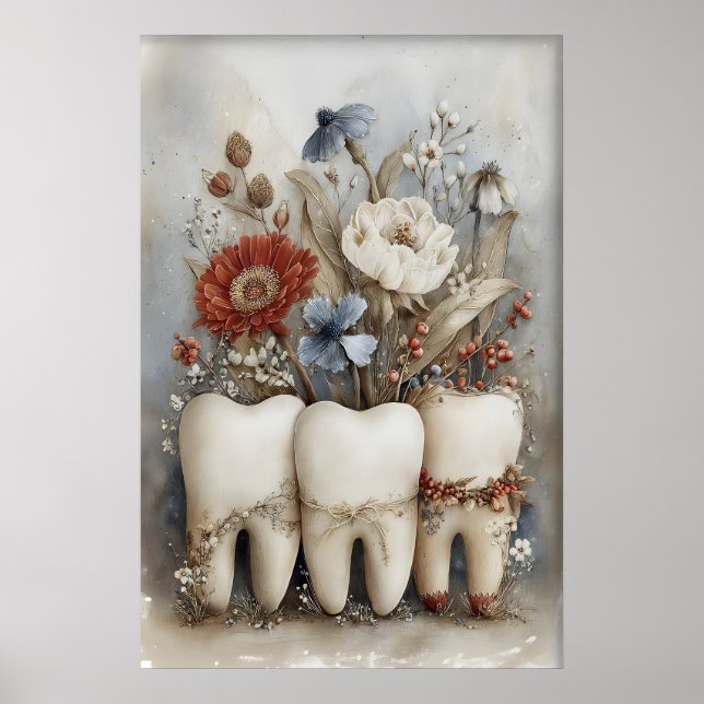 Whimsical Three Teeth Print, Floral Tooth Nursery Poster (Front)