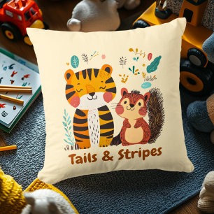 Whimsical Tiger and Squirrel Nursery Illustration Throw Pillow