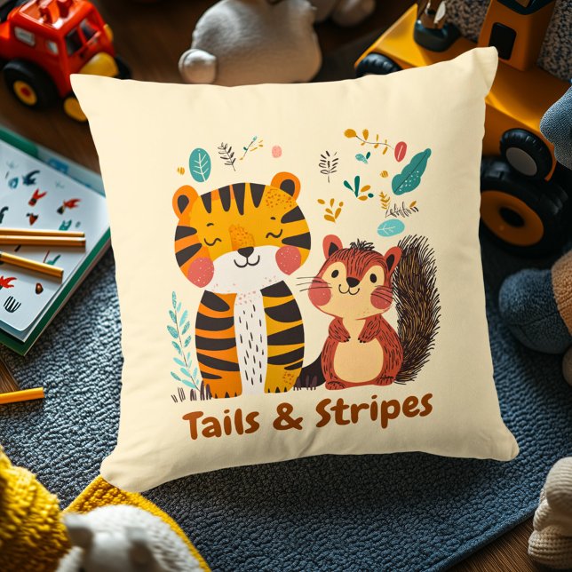 Whimsical Tiger and Squirrel Nursery Illustration Throw Pillow (Creator Uploaded)