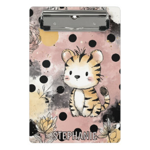 Whimsical Tiger Floral Watercolor Art Mini Clipboard