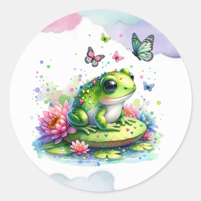 Whimsical Toad, Flowers and Butterflies Classic Round Sticker (Front)