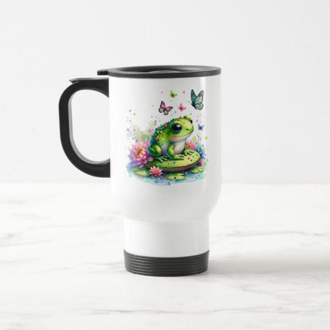 Whimsical Toad, Flowers and Butterflies Travel Mug (Left)