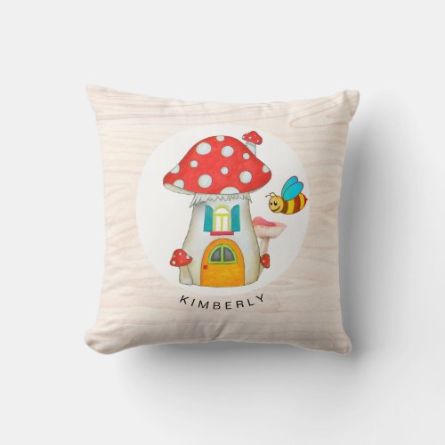 Whimsical Toadstool Gnome Cottage Wooden Texture Throw Pillow