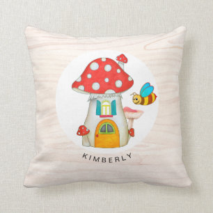 Whimsical Toadstool Gnome Cottage Wooden Texture Throw Pillow