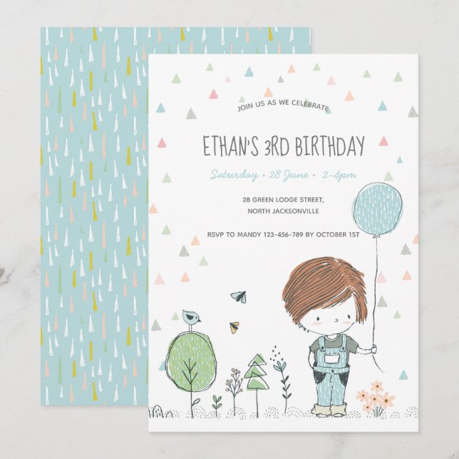 Whimsical Toddler BOY Kids Birthday Invitation (Front/Back)