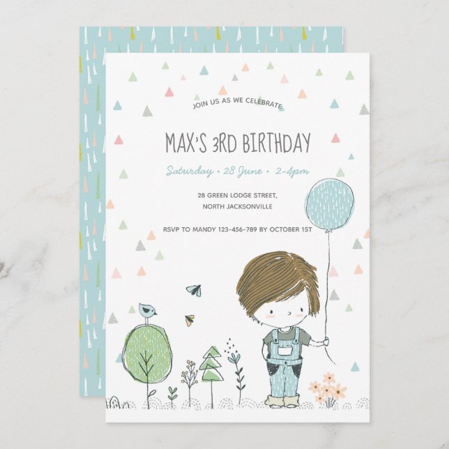 Whimsical Toddler BOY Kids Birthday Invitation (Front/Back)
