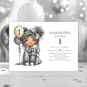Whimsical Toddler Girl Black Gold 1st Birthday Invitation