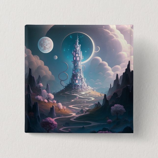 Whimsical Tower Landscape Fantasy Art Button (Front)