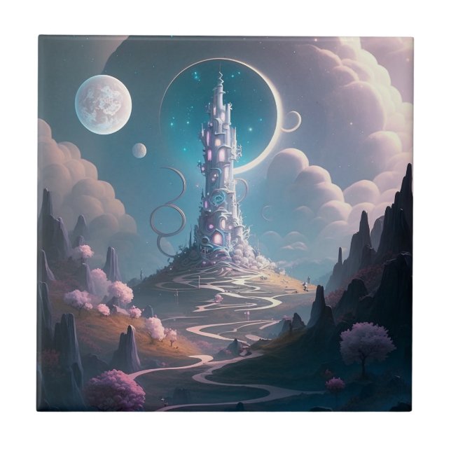 Whimsical Tower Landscape Fantasy Art Ceramic Tile (Front)