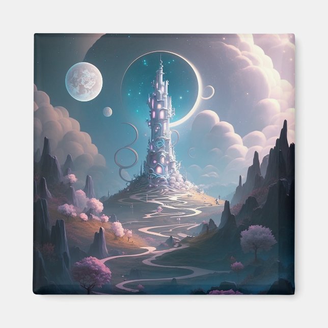 Whimsical Tower Landscape Fantasy Art Magnet (Front)