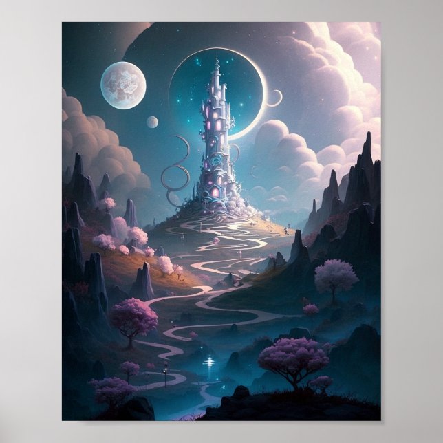 Whimsical Tower Landscape Fantasy Art Poster (Front)